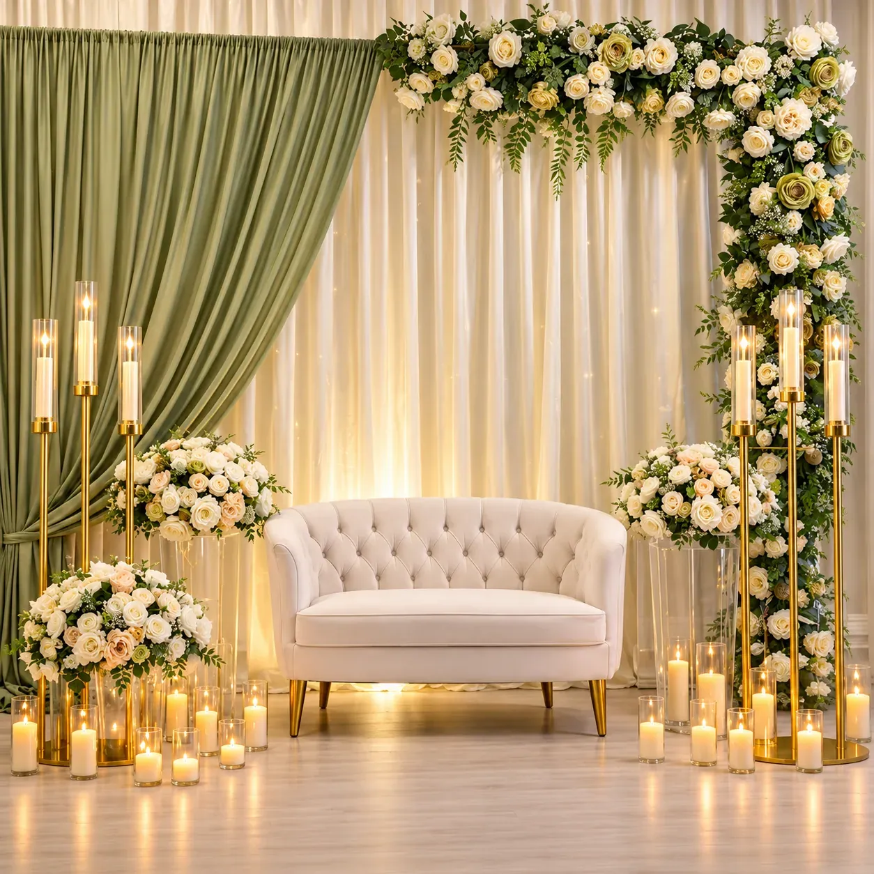 Gold candle stands and white rose arrangements beside a floral wedding stage arch, styled by Lobo Events Karkala